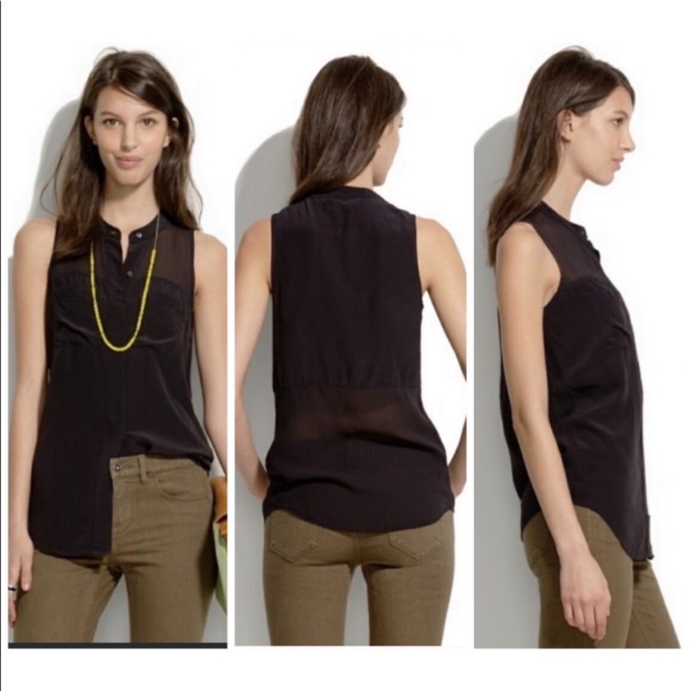 Madewell 100% Silk Black Button Up Sleeveless Semi Sheer Top